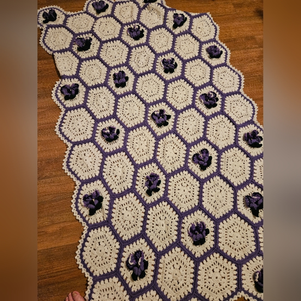 Purple and Cream Crochet Blanket With Flowers